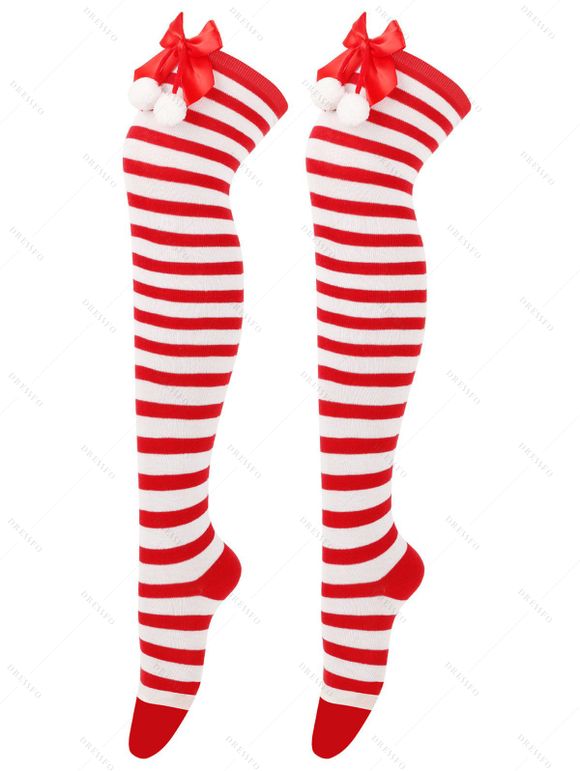 4 paires de bas de Noël à rayures avec nœud papillon, longueur genou - multicolor A 