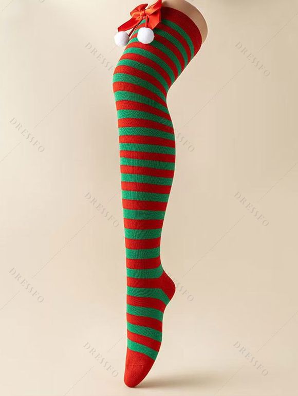 4 paires de bas de Noël à rayures avec nœud papillon, longueur genou - multicolor A 