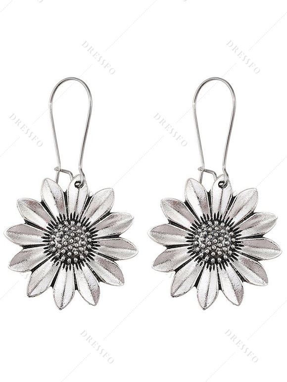 Boucles d'oreilles vintage en forme de tournesol, style bohème, pendantes - Argent 