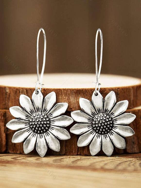 Boucles d'oreilles vintage en forme de tournesol, style bohème, pendantes - Argent 