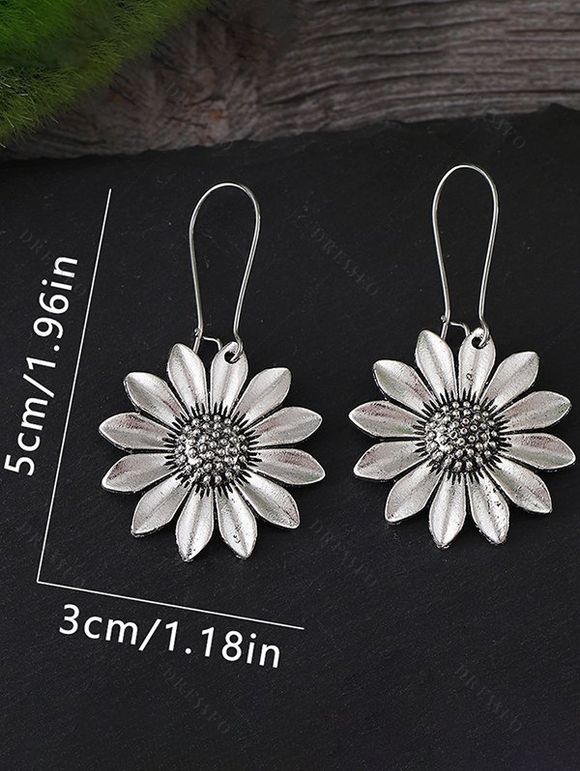 Boucles d'oreilles vintage en forme de tournesol, style bohème, pendantes - Argent 