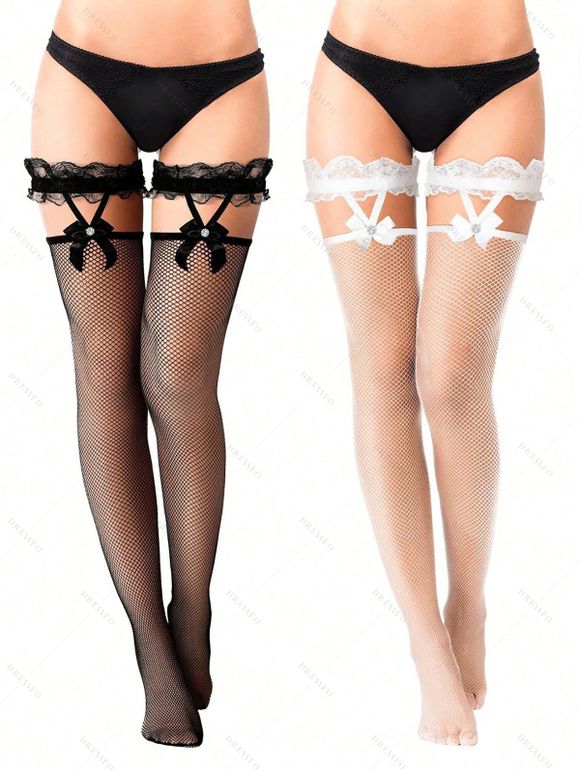 2 paires de bas résille à empiècement en dentelle et nœud papillon, transparents - multicolor A 