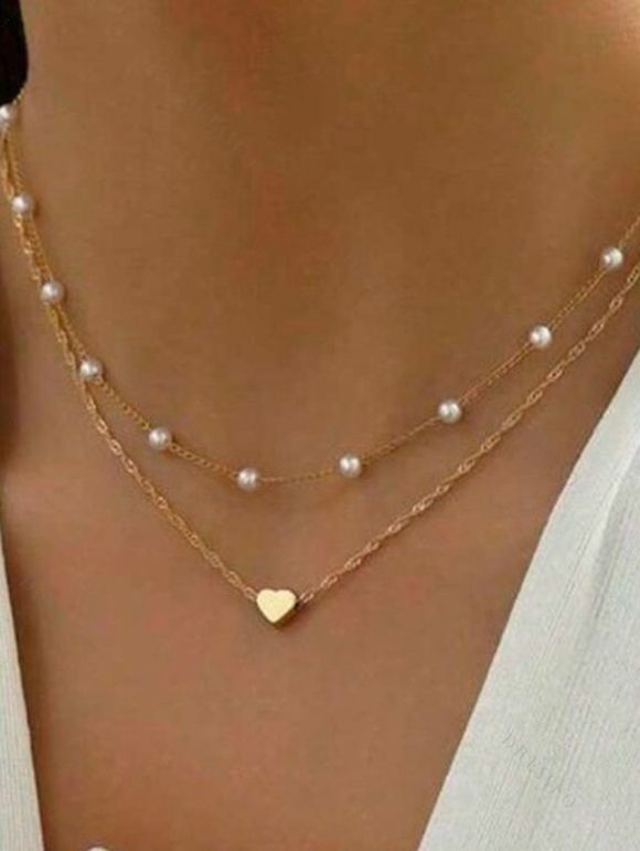 Ensemble de 2 colliers superposés avec pendentif cœur en fausse perle et collier rétro - d'or 