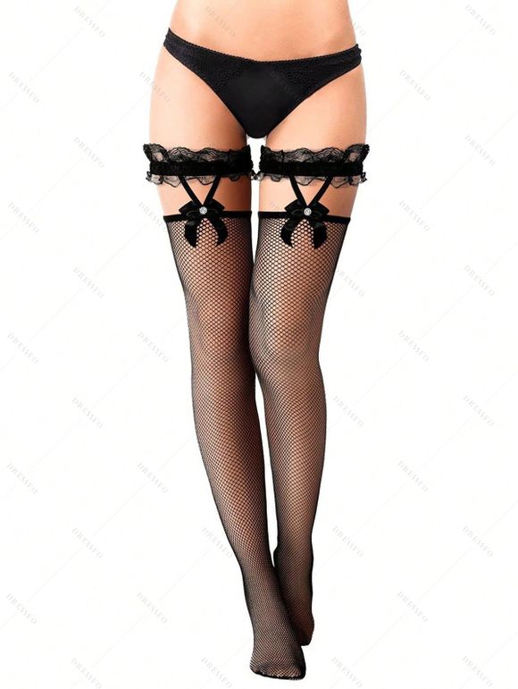 2 paires de bas résille à empiècement en dentelle et nœud papillon, transparents - multicolor A 