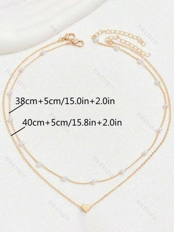 Ensemble de 2 colliers superposés avec pendentif cœur en fausse perle et collier rétro - d'or 