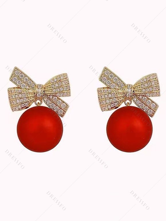 Boucles d'oreilles de Noël en strass avec nœud papillon rond - Rouge 