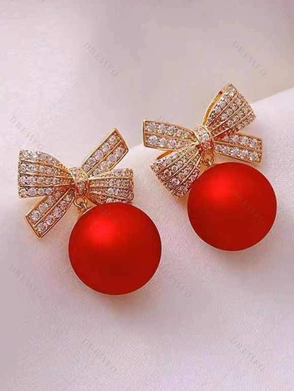 Boucles d'oreilles de Noël en strass avec nœud papillon rond - Rouge 