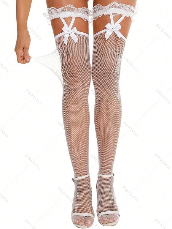 2 paires de bas résille à empiècement en dentelle et nœud papillon, transparents - multicolor A 