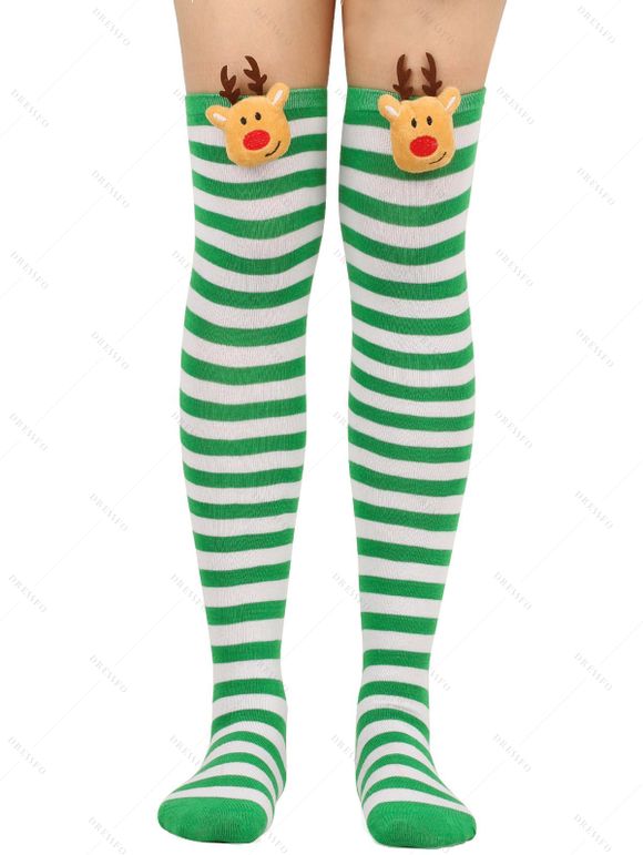 4 paires de bas de Noël à rayures avec motif d'élan, longueur genou - multicolor A 