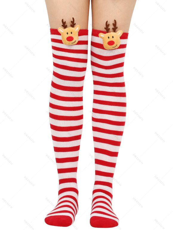 4 paires de bas de Noël à rayures avec motif d'élan, longueur genou - multicolor A 