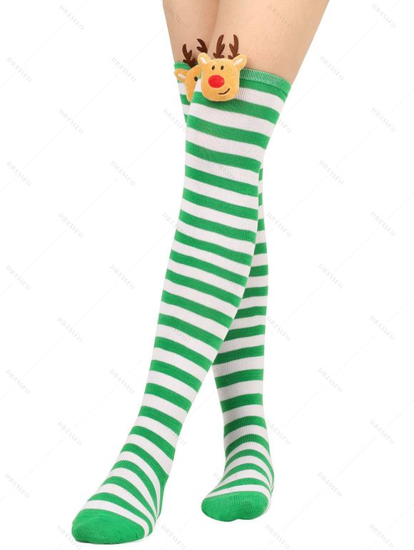 4 paires de bas de Noël à rayures avec motif d'élan, longueur genou - multicolor A 