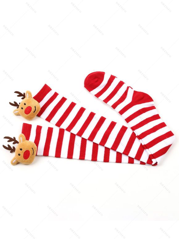 4 paires de bas de Noël à rayures avec motif d'élan, longueur genou - multicolor A 