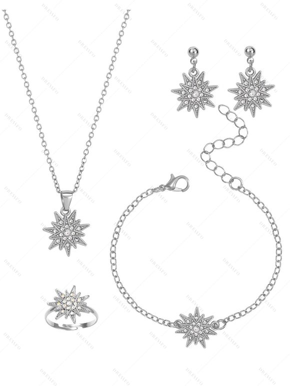 Ensemble de 4 accessoires de Noël : collier, bracelet, bague et boucles d'oreilles en strass avec flocons de neige - Argent 