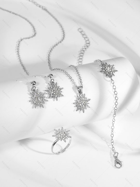 Ensemble de 4 accessoires de Noël : collier, bracelet, bague et boucles d'oreilles en strass avec flocons de neige - Argent 