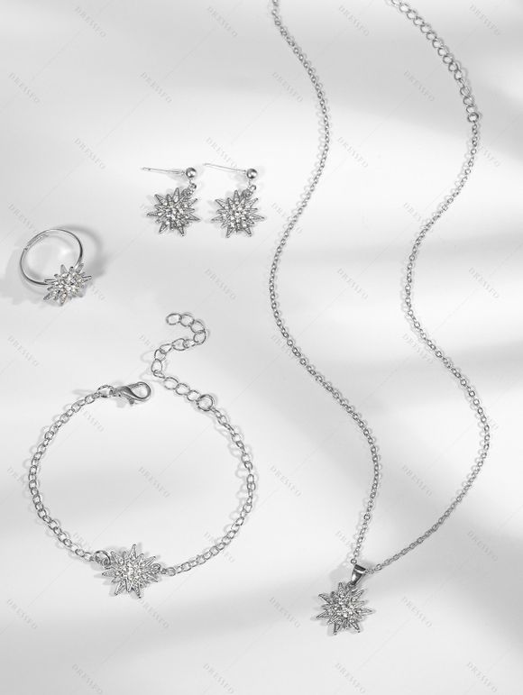 Ensemble de 4 accessoires de Noël : collier, bracelet, bague et boucles d'oreilles en strass avec flocons de neige - Argent 