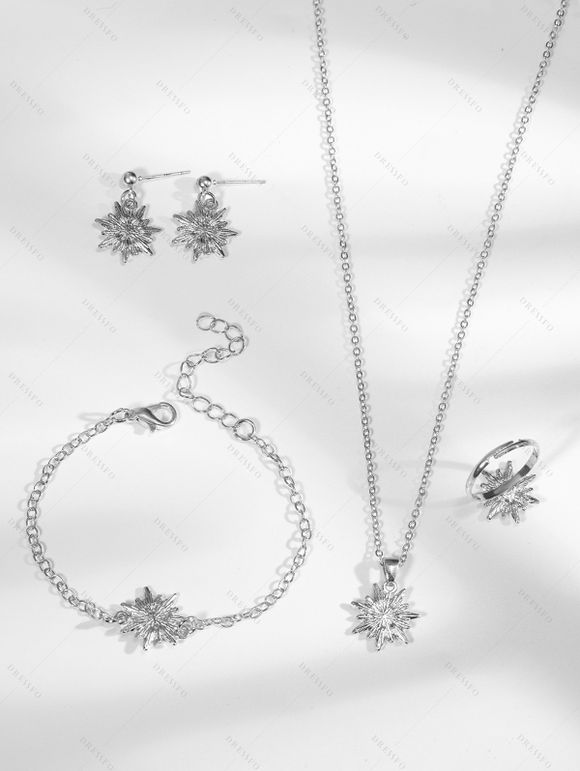 Ensemble de 4 accessoires de Noël : collier, bracelet, bague et boucles d'oreilles en strass avec flocons de neige - Argent 