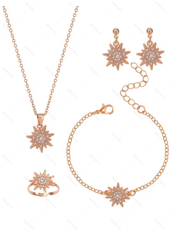 Ensemble de 4 accessoires de Noël : collier, bracelet, bague et boucles d'oreilles en strass avec flocons de neige - Or de Rose 