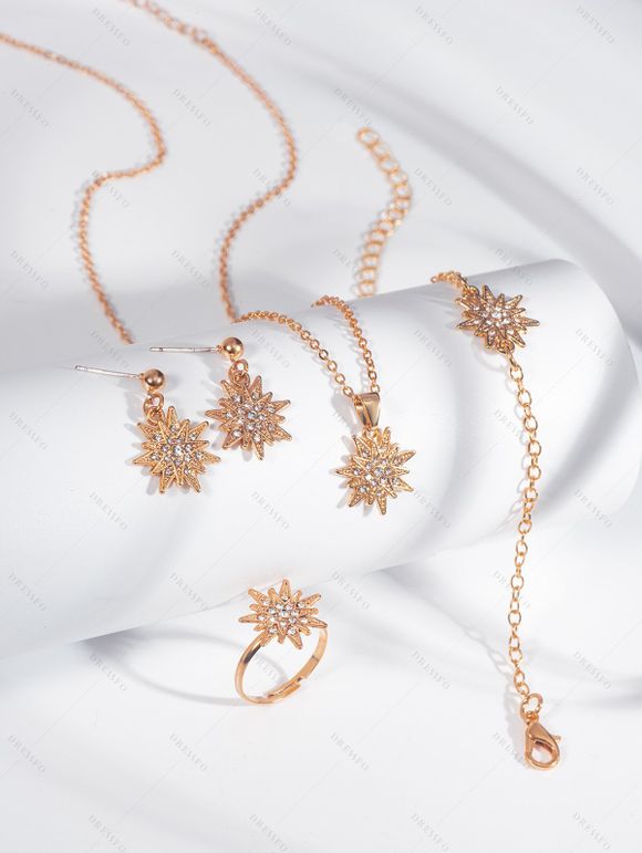 Ensemble de 4 accessoires de Noël : collier, bracelet, bague et boucles d'oreilles en strass avec flocons de neige - Or de Rose 