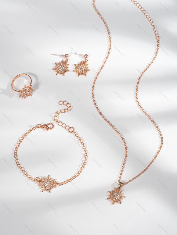 Ensemble de 4 accessoires de Noël : collier, bracelet, bague et boucles d'oreilles en strass avec flocons de neige - Or de Rose 