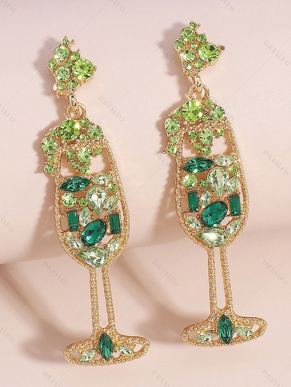Boucles d'oreilles de soirée en forme de verre à vin avec fausses perles et pierres précieuses - Vert 