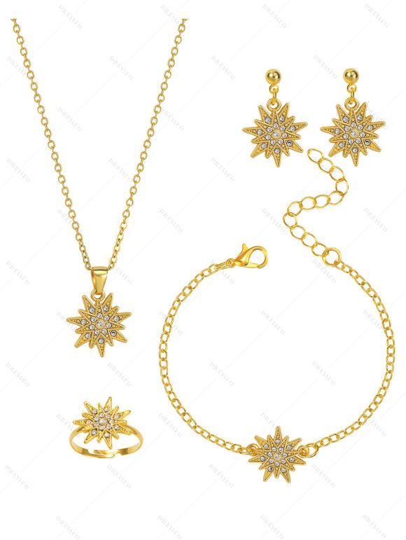Ensemble de 4 accessoires de Noël : collier, bracelet, bague et boucles d'oreilles en strass avec flocons de neige - d'or 