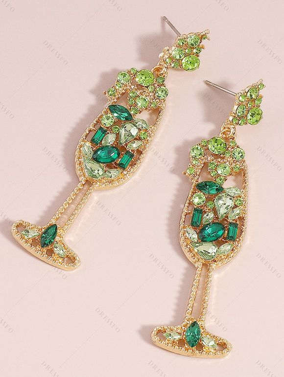 Boucles d'oreilles de soirée en forme de verre à vin avec fausses perles et pierres précieuses - Vert 