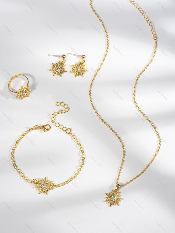 Ensemble de 4 accessoires de Noël : collier, bracelet, bague et boucles d'oreilles en strass avec flocons de neige - d'or 