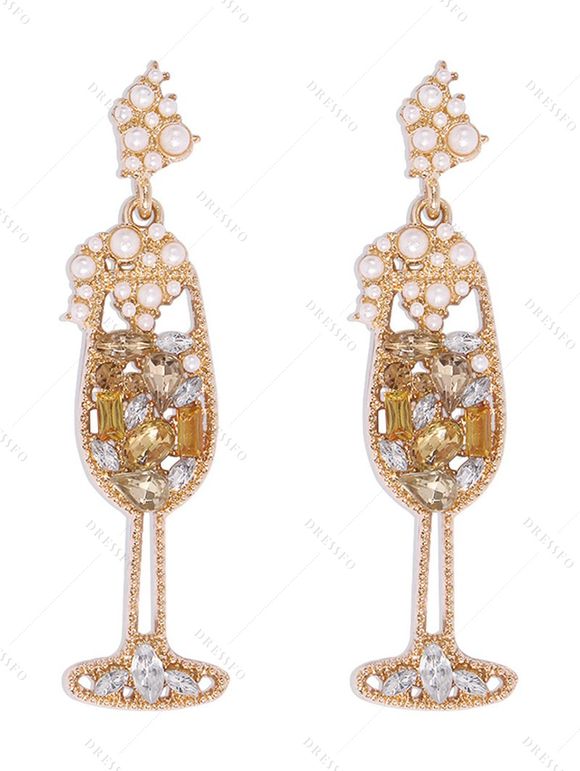 Boucles d'oreilles de soirée en forme de verre à vin avec fausses perles et pierres précieuses - Champagne 