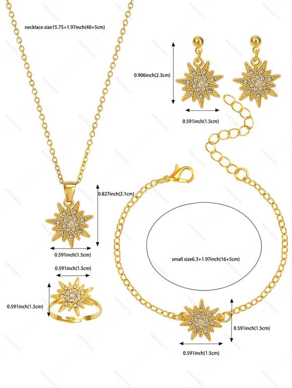 Ensemble de 4 accessoires de Noël : collier, bracelet, bague et boucles d'oreilles en strass avec flocons de neige - d'or 