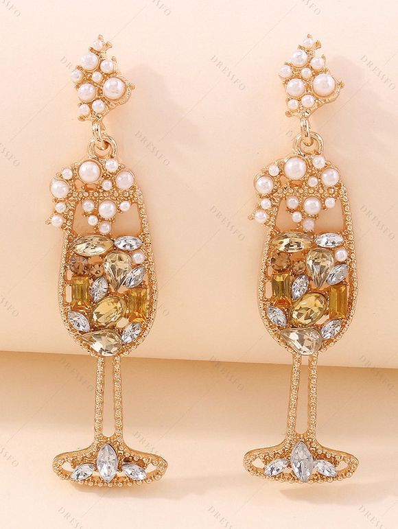 Boucles d'oreilles de soirée en forme de verre à vin avec fausses perles et pierres précieuses - Champagne 