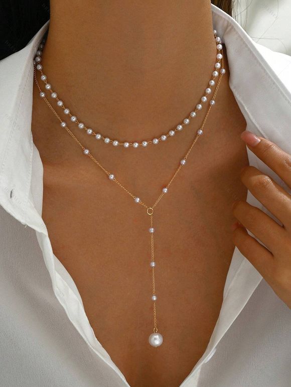 Collier élégant en fausses perles, forme en Y, à plusieurs rangs - d'or 