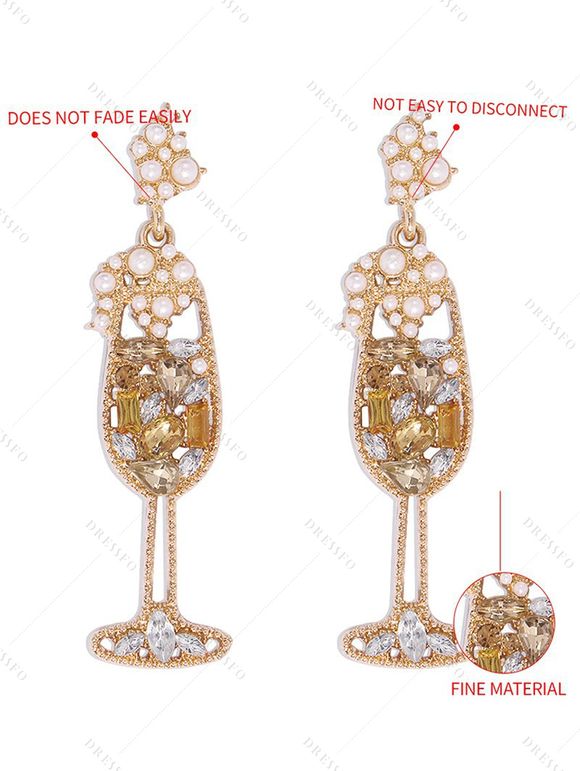 Boucles d'oreilles de soirée en forme de verre à vin avec fausses perles et pierres précieuses - Champagne 