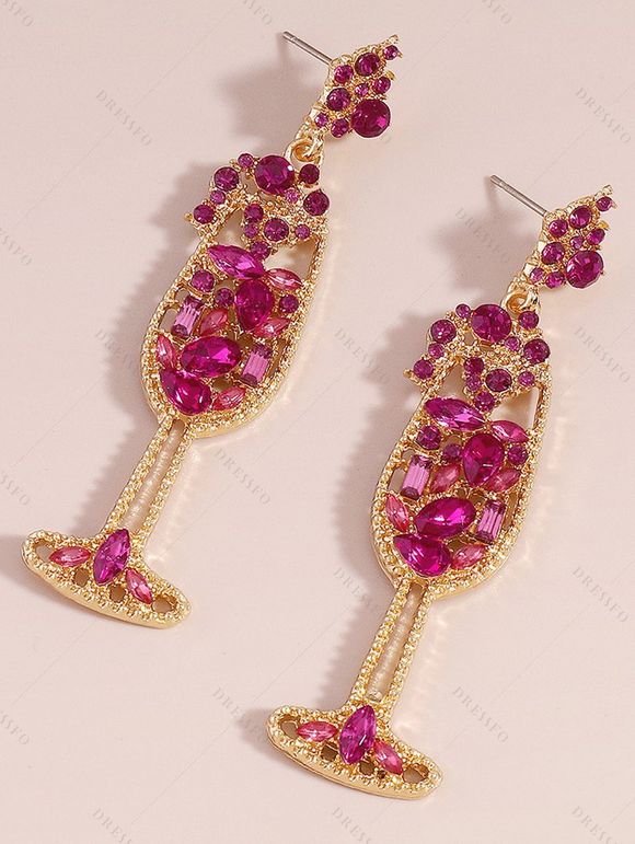 Boucles d'oreilles de soirée en forme de verre à vin avec fausses perles et pierres précieuses - Rouge 