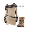 Ethnic Women Outfit Skew Neck O Ring Knitted Dress and Earrings Boots Set - café lumière S | US 4