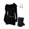 Winter Outfit Cowl Neck Hooded Belted Knit Sweater and Earrings Boots Set - Noir S | US 4