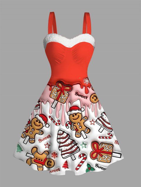 Holiday Dress Gingerbread Man Christmas Tree Print Faux Fur Mini Dress