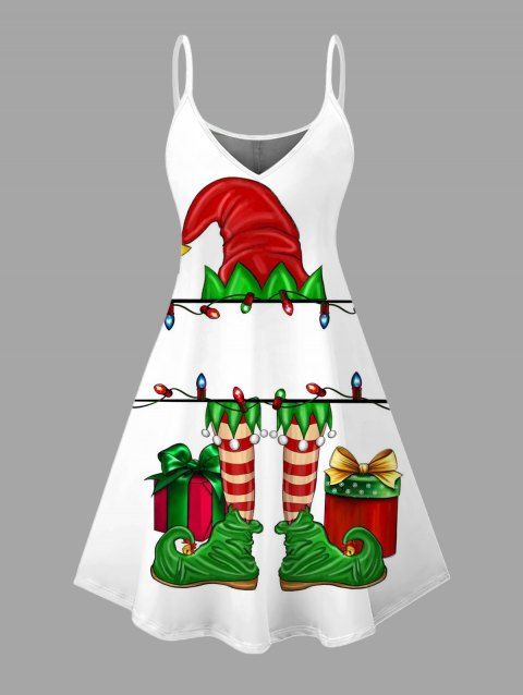 Robe de fête, chapeau de Noël, chaussettes rayées, robe imprimée à fines bretelles