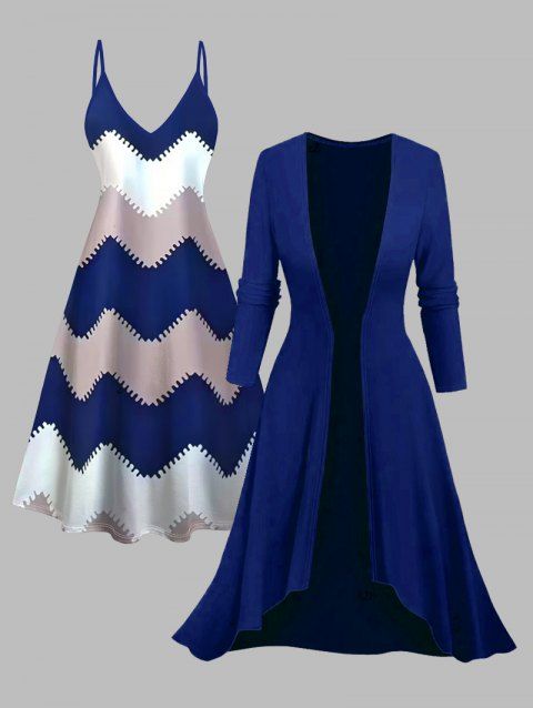 Ensemble deux pièces : robe à fines bretelles et haut long ouvert sur le devant, imprimé zigzag colorblock.