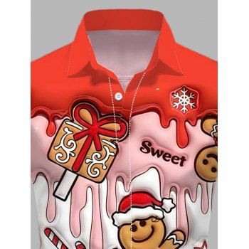 Men's Holiday Shirt Gingerbread Man Christmas Tree Print Button Up Shirt