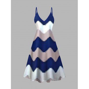 Two Piece Set Colorblock Zig Zag Spaghetti Strap Dress and Open Front Long Top