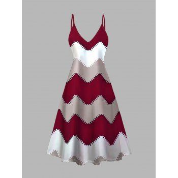 Two Piece Set Colorblock Zig Zag Spaghetti Strap Dress and Open Front Long Top