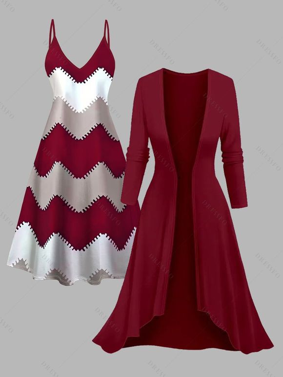 Ensemble deux pièces : robe à fines bretelles et haut long ouvert sur le devant, imprimé zigzag colorblock. - Rouge Vineux XL | US 12