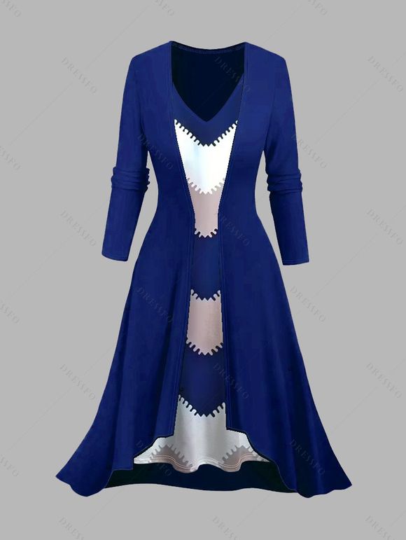 Ensemble deux pièces : robe à fines bretelles et haut long ouvert sur le devant, imprimé zigzag colorblock. - Bleu profond XXL | US 14