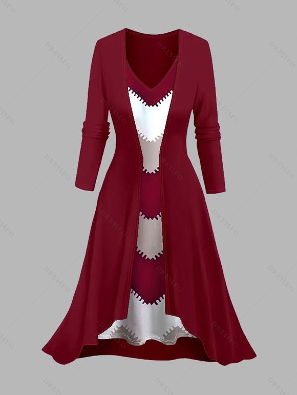 Ensemble deux pièces : robe à fines bretelles et haut long ouvert sur le devant, imprimé zigzag colorblock. - Rouge Vineux XL | US 12