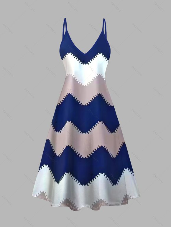 Ensemble deux pièces : robe à fines bretelles et haut long ouvert sur le devant, imprimé zigzag colorblock. - Bleu profond XXL | US 14