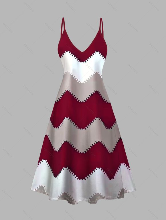 Ensemble deux pièces : robe à fines bretelles et haut long ouvert sur le devant, imprimé zigzag colorblock. - Rouge Vineux XL | US 12