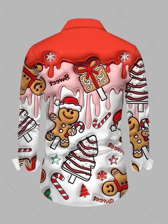 Chemise de Noël pour homme, imprimé bonhomme en pain d'épice et sapin, à boutons - Rouge 3XL