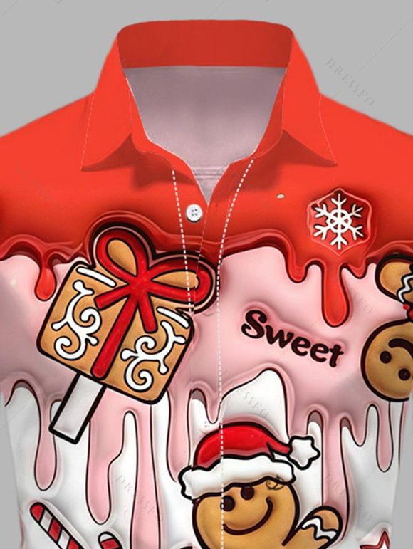 Chemise de Noël pour homme, imprimé bonhomme en pain d'épice et sapin, à boutons - Rouge 3XL