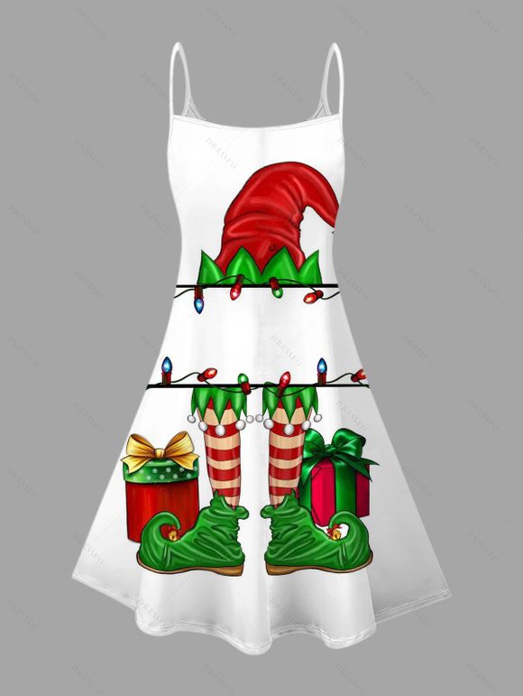 Robe de fête, chapeau de Noël, chaussettes rayées, robe imprimée à fines bretelles - Vert XXXXXL | US 20