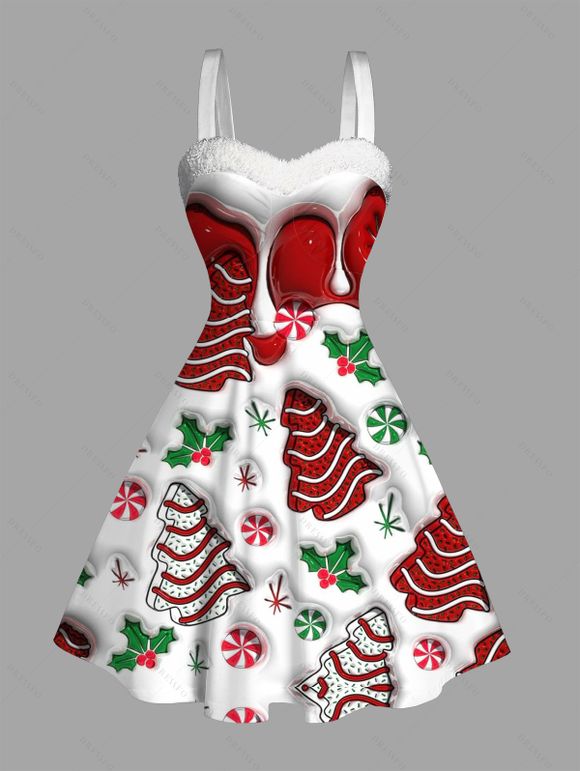 Robe de Noël imprimée sapin de Noël, mini-robe en fausse fourrure - Rouge XXXXXL | US 20